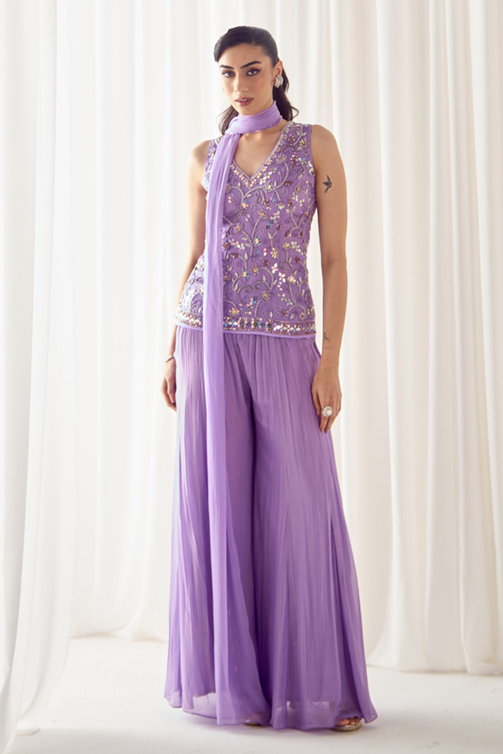 Lavender Fitted Kurta With Sharara Set - MARKET