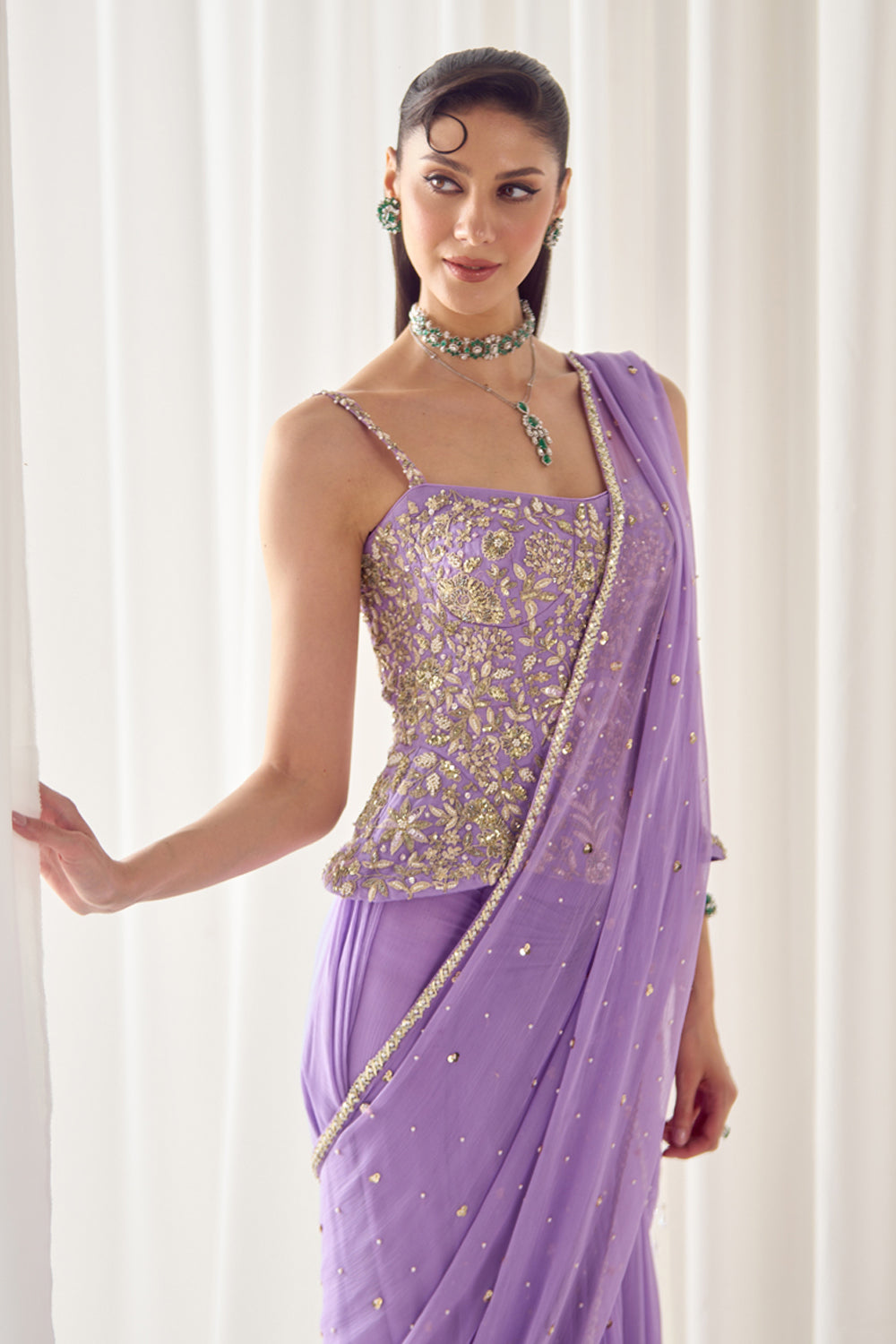 Lavender Pre Stitched Saree With Corset - MARKET