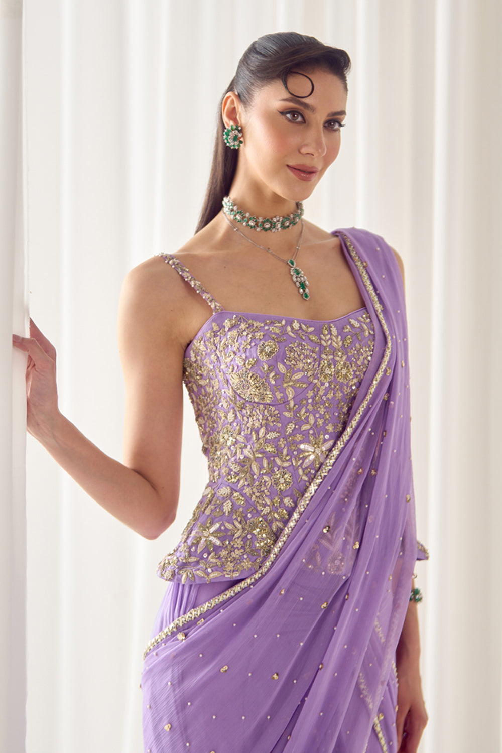 Lavender Pre Stitched Saree With Corset - MARKET