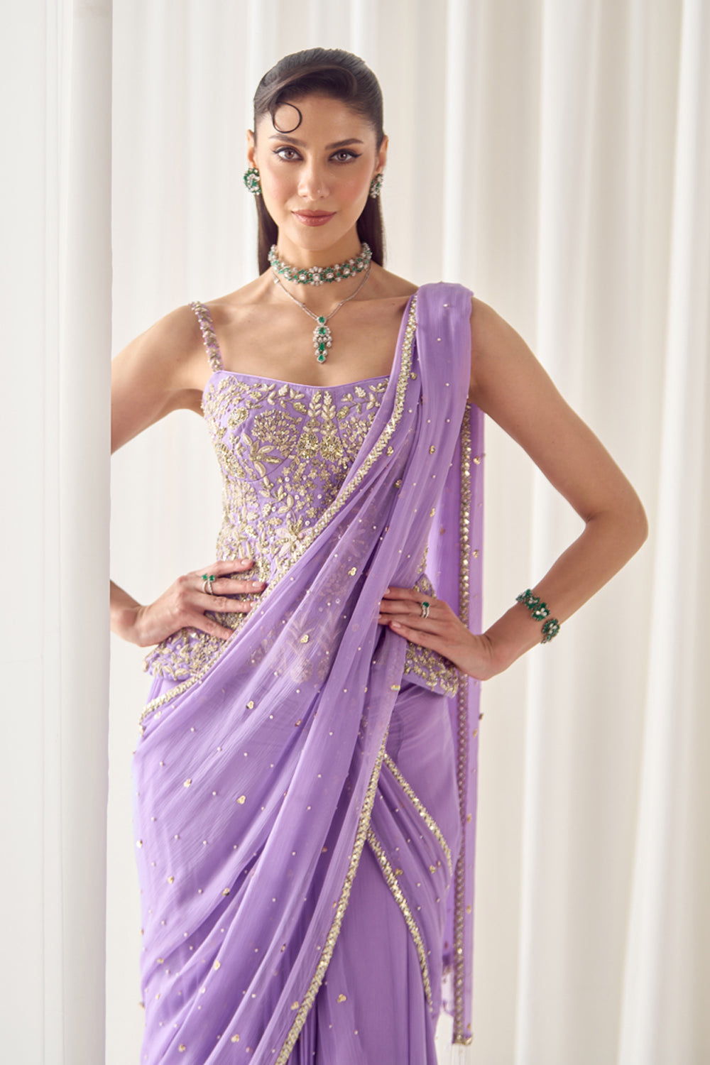 Lavender Pre Stitched Saree With Corset - MARKET