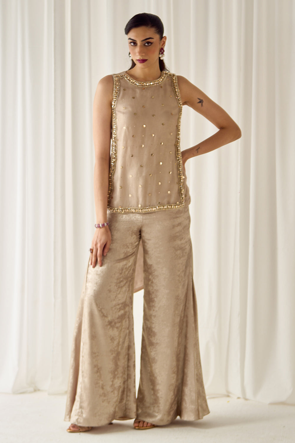 Biege Mukaish-Work Co-ord Set - MARKET