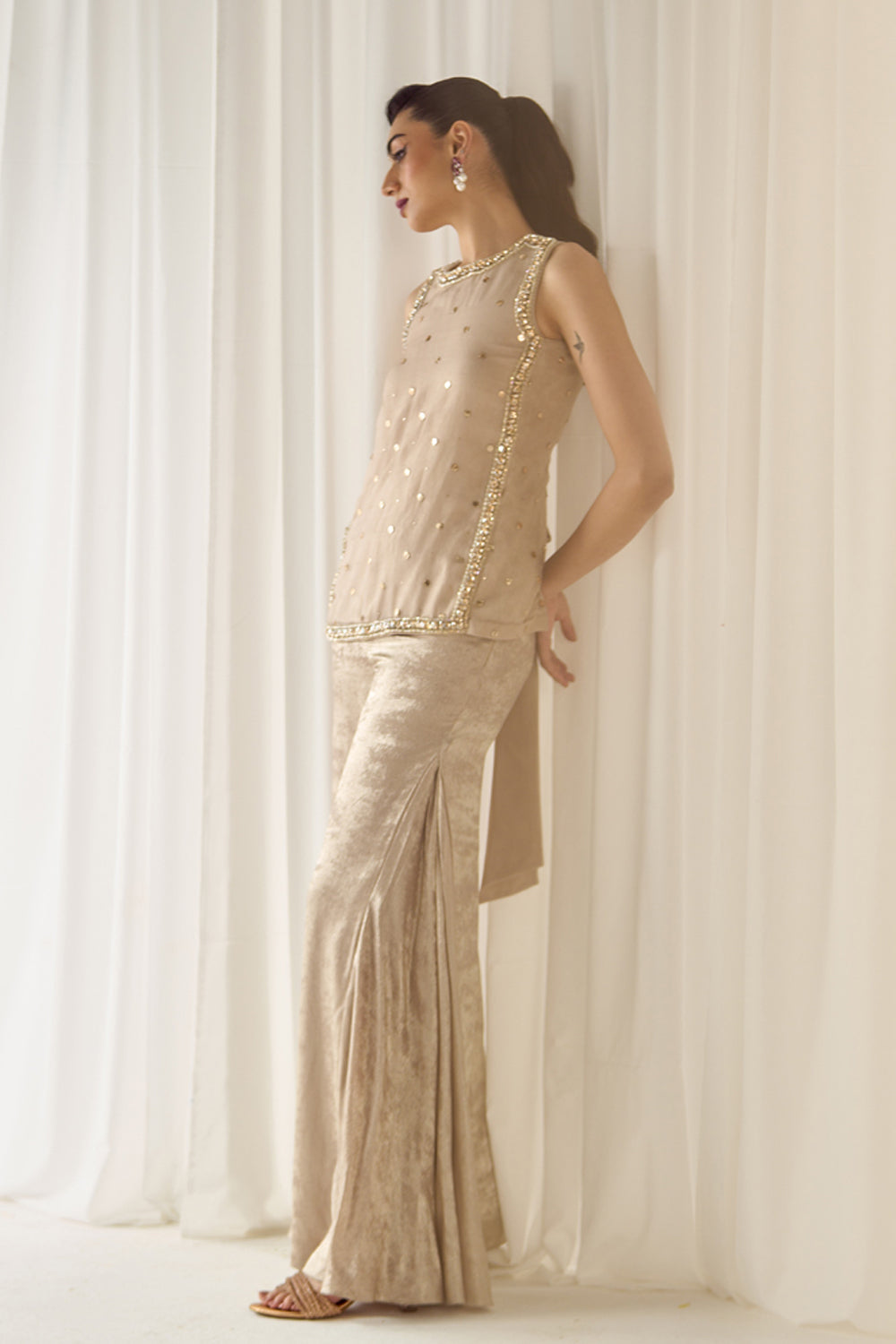Biege Mukaish-Work Co-ord Set - MARKET