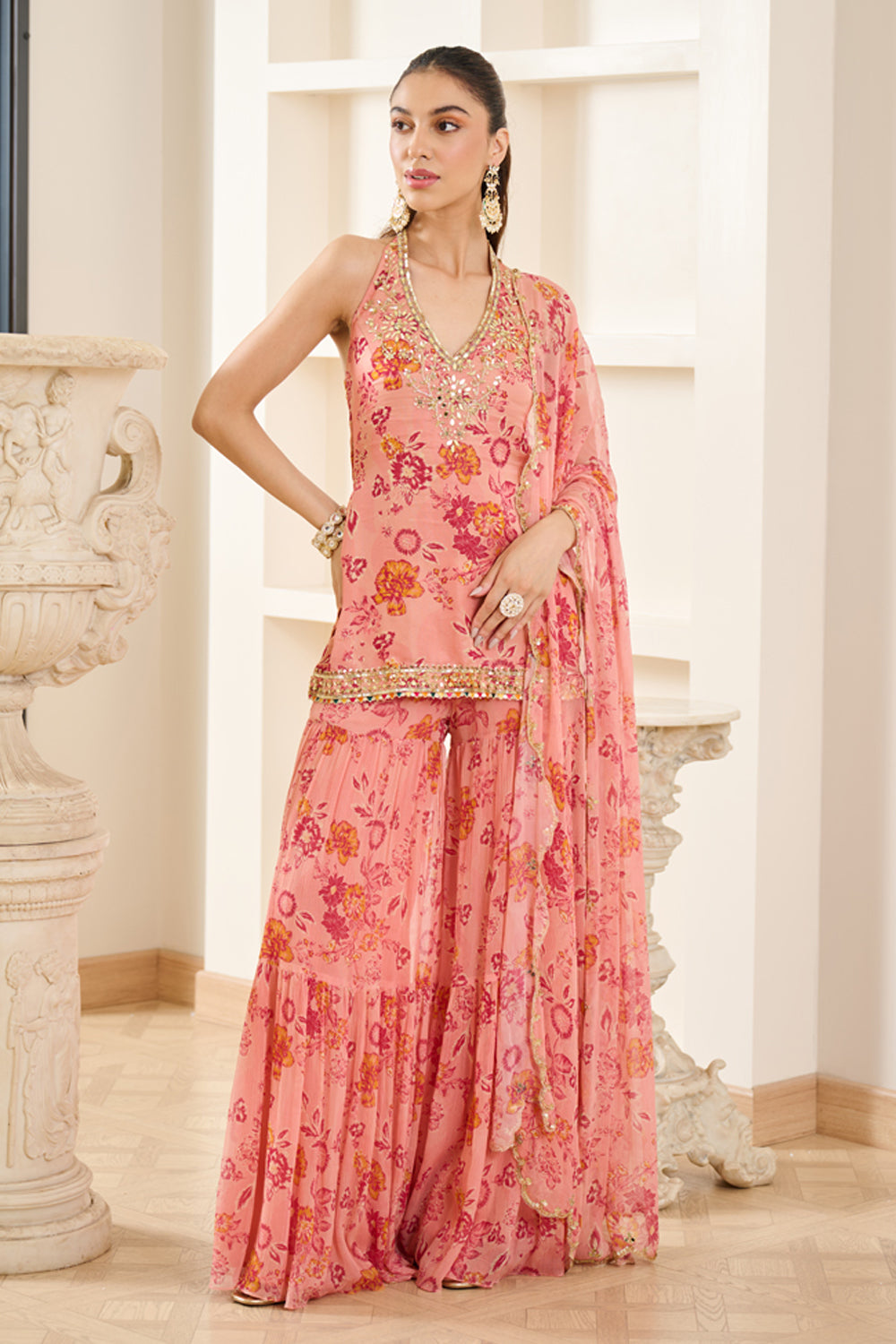 Pink Floral Print Halter Neck Kurta Sharara Set - MARKET