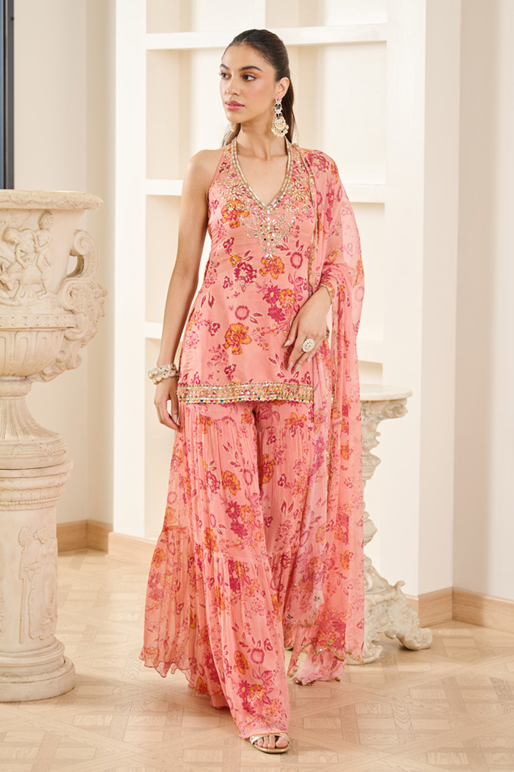 Pink Floral Print Halter Neck Kurta Sharara Set - MARKET