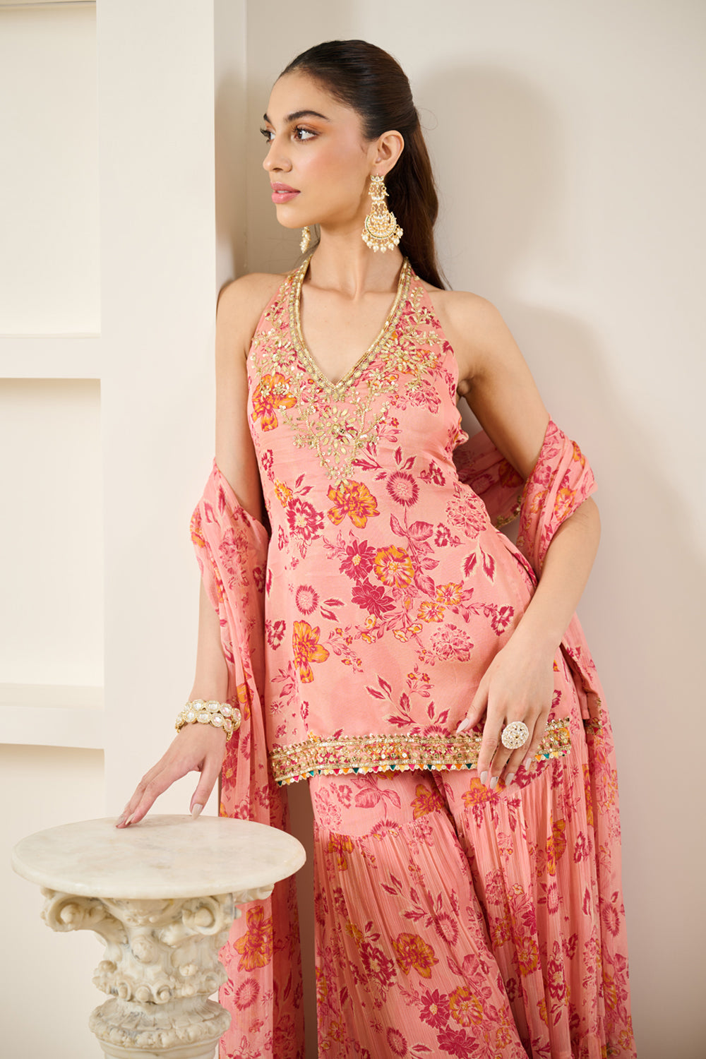 Pink Floral Print Halter Neck Kurta Sharara Set - MARKET