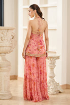 Pink Floral Print Halter Neck Kurta Sharara Set - MARKET
