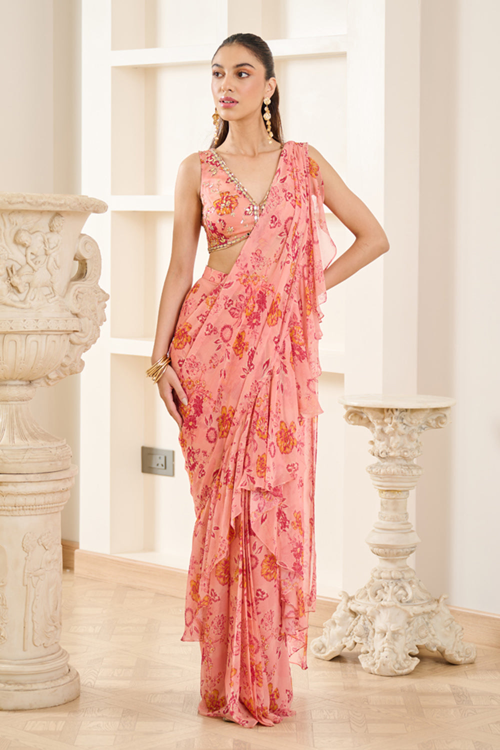 Pink Floral Print Drape Saree - MARKET