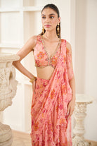 Pink Floral Print Drape Saree - MARKET