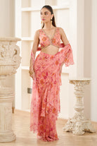 Pink Floral Print Drape Saree - MARKET