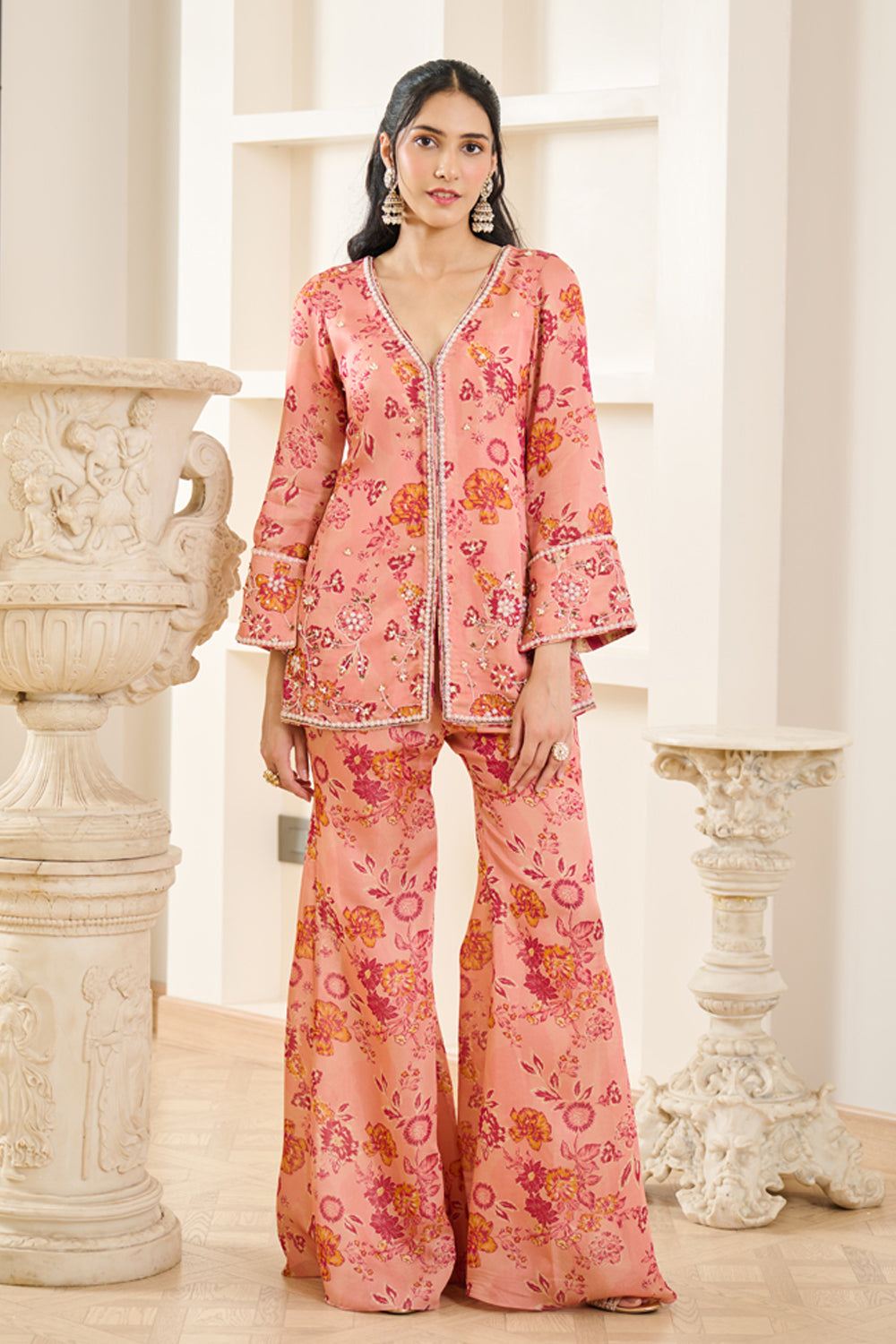 Pink Floral Print Co-ord Kurta Set - MARKET