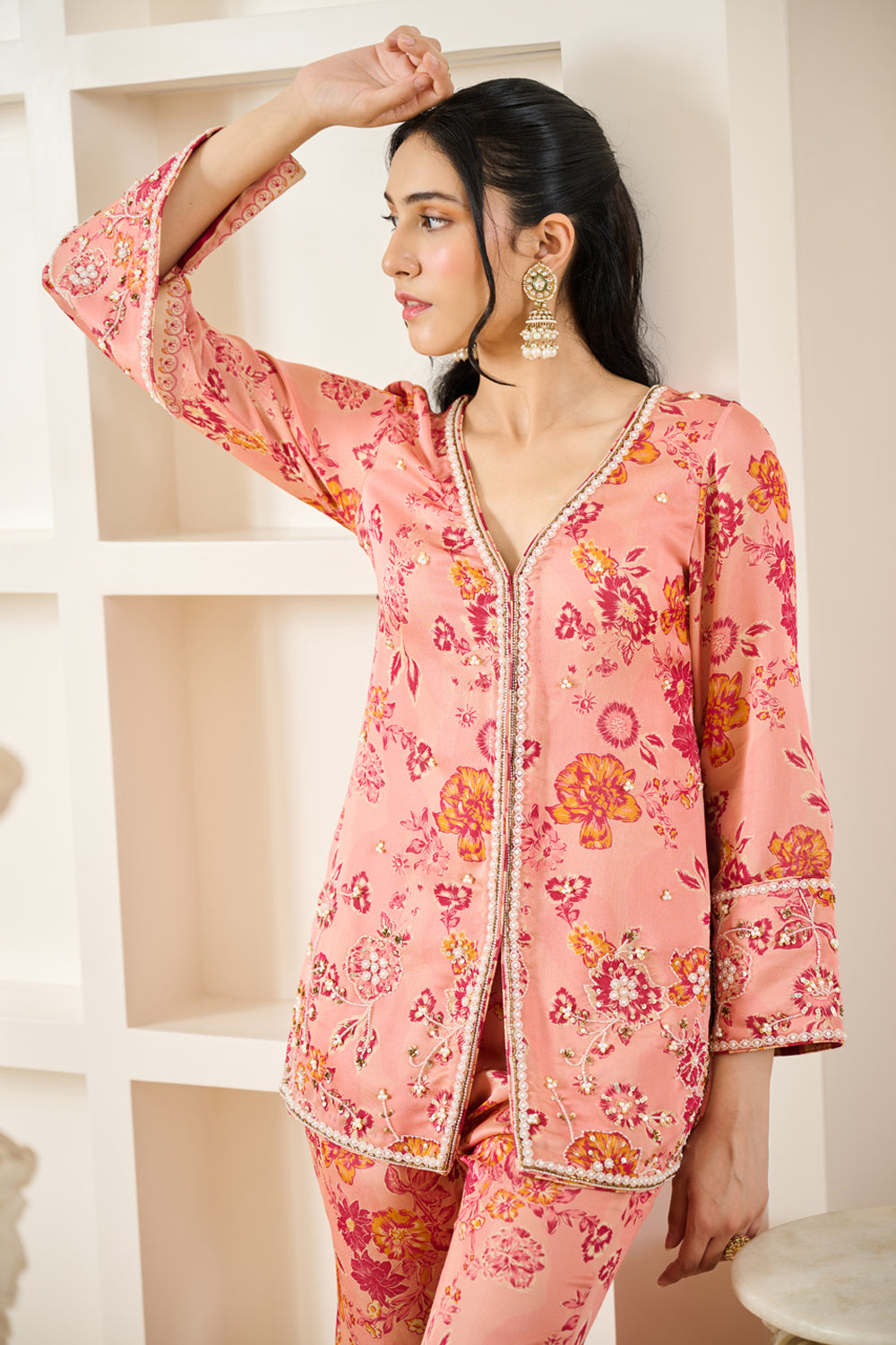 Pink Floral Print Co-ord Kurta Set - MARKET