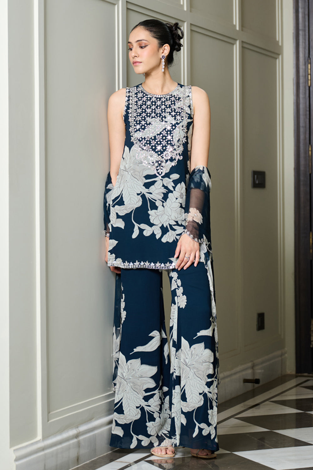 Blue Floral Print Straight Kurta and Pants Set - MARKET