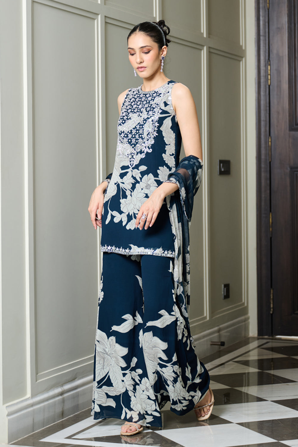 Blue Floral Print Straight Kurta and Pants Set - MARKET