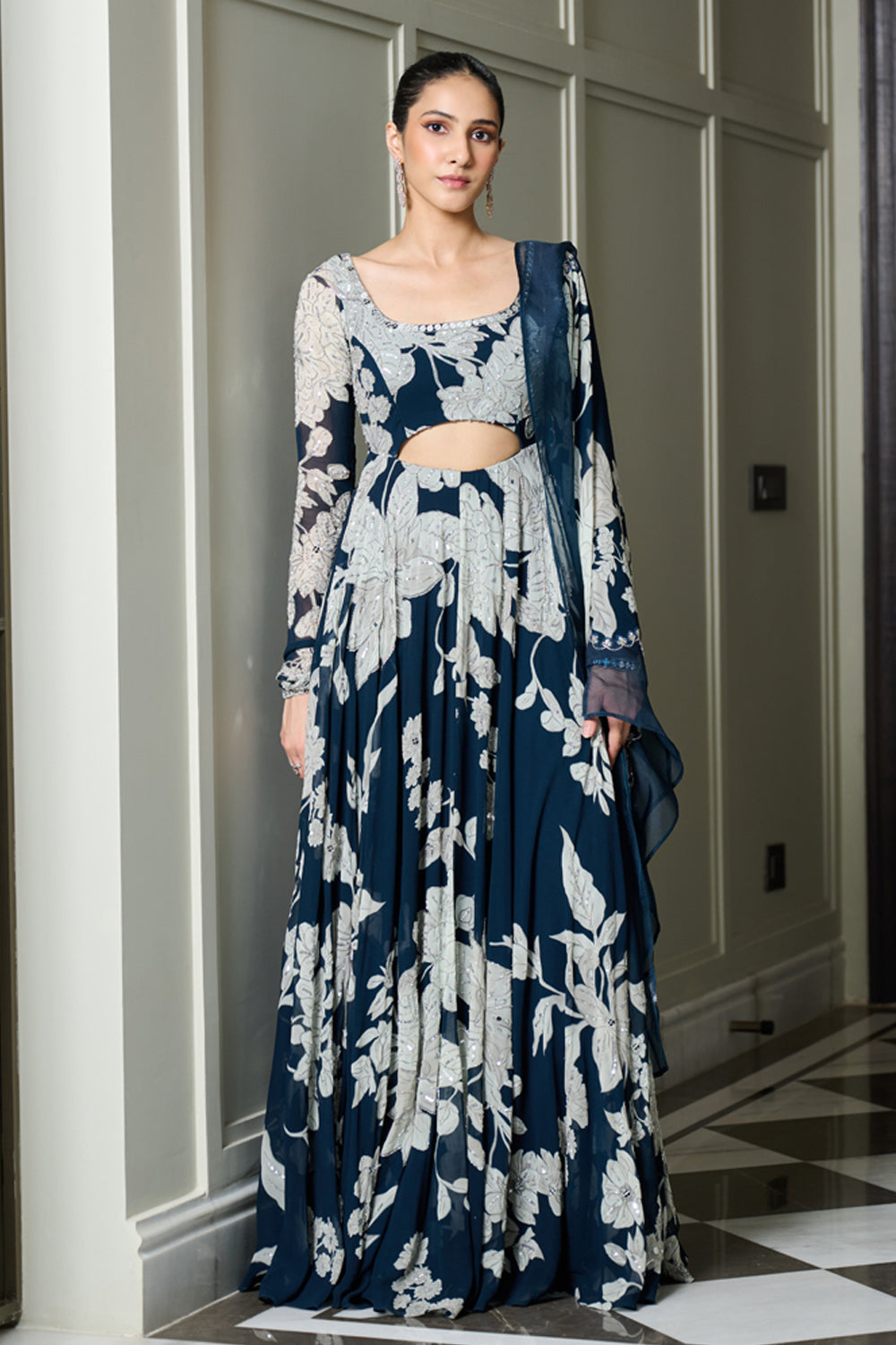 Blue Floral Print Anarkali - MARKET