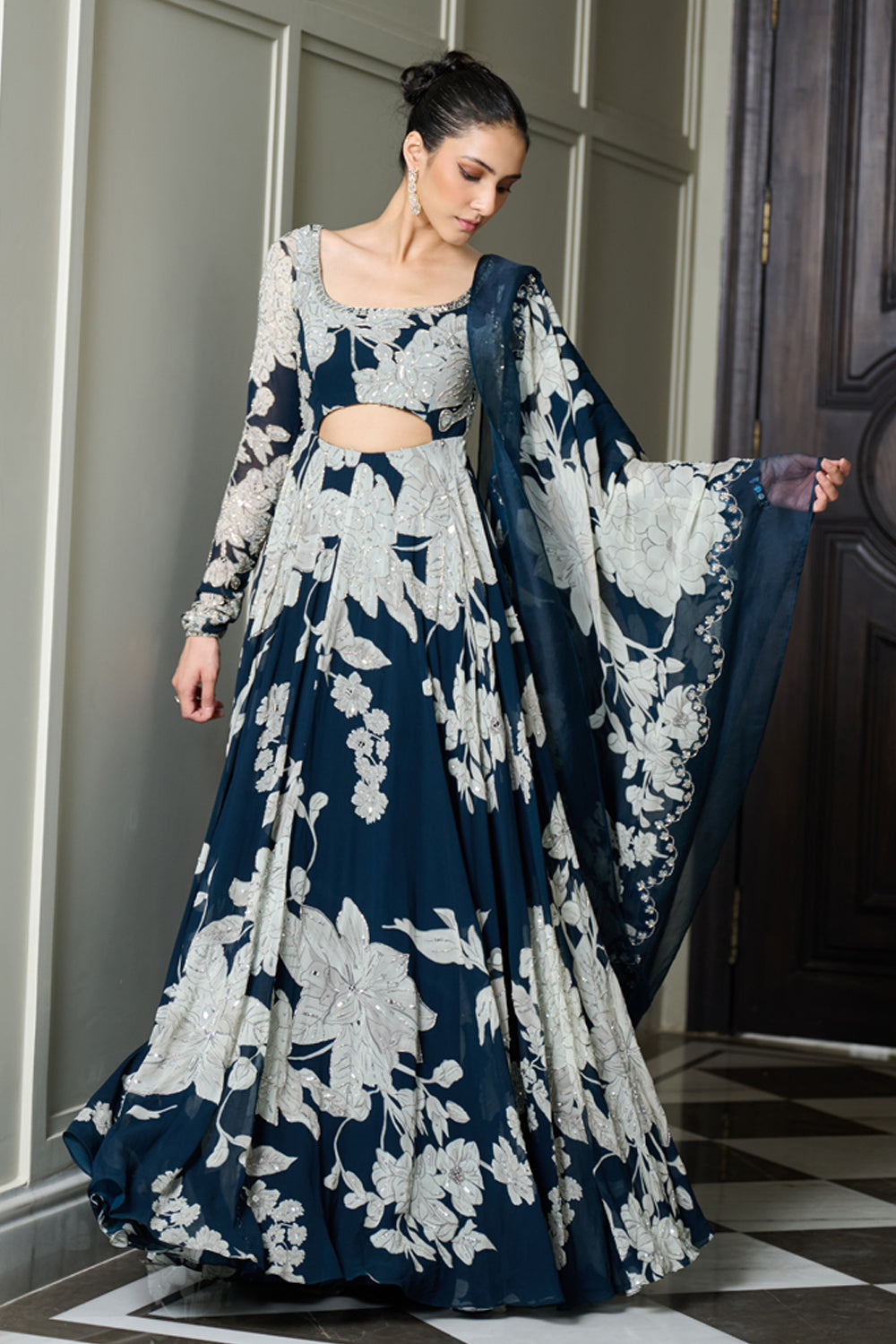 Blue Floral Print Anarkali - MARKET