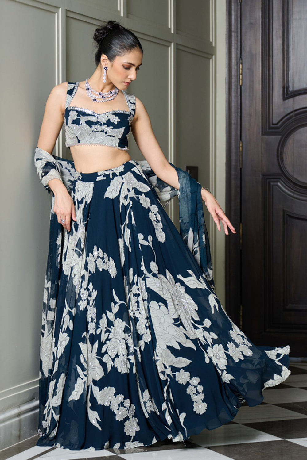 Blue Floral Print Lehenga Set - MARKET