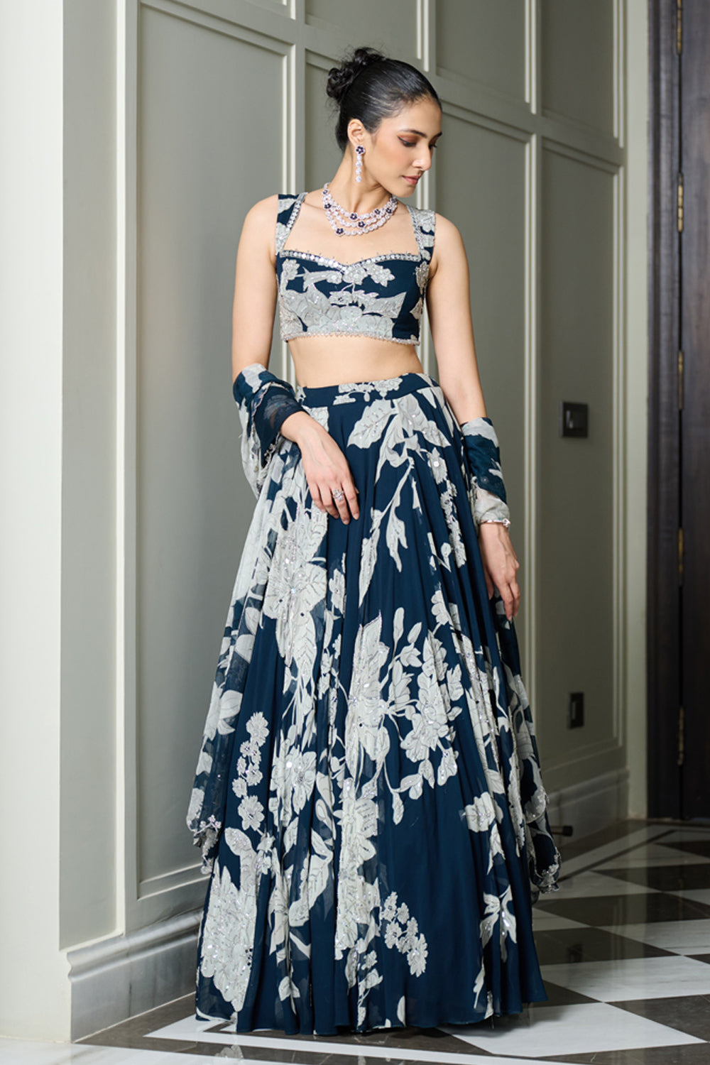 Blue Floral Print Lehenga Set - MARKET