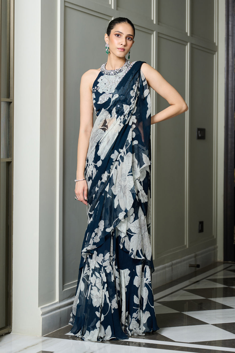 Blue Floral Print Saree - MARKET