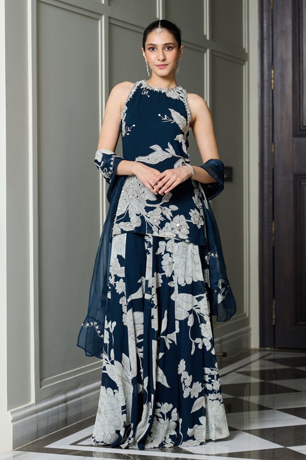 Blue Floral Print Halter Neck Kurta Sharara Set - MARKET