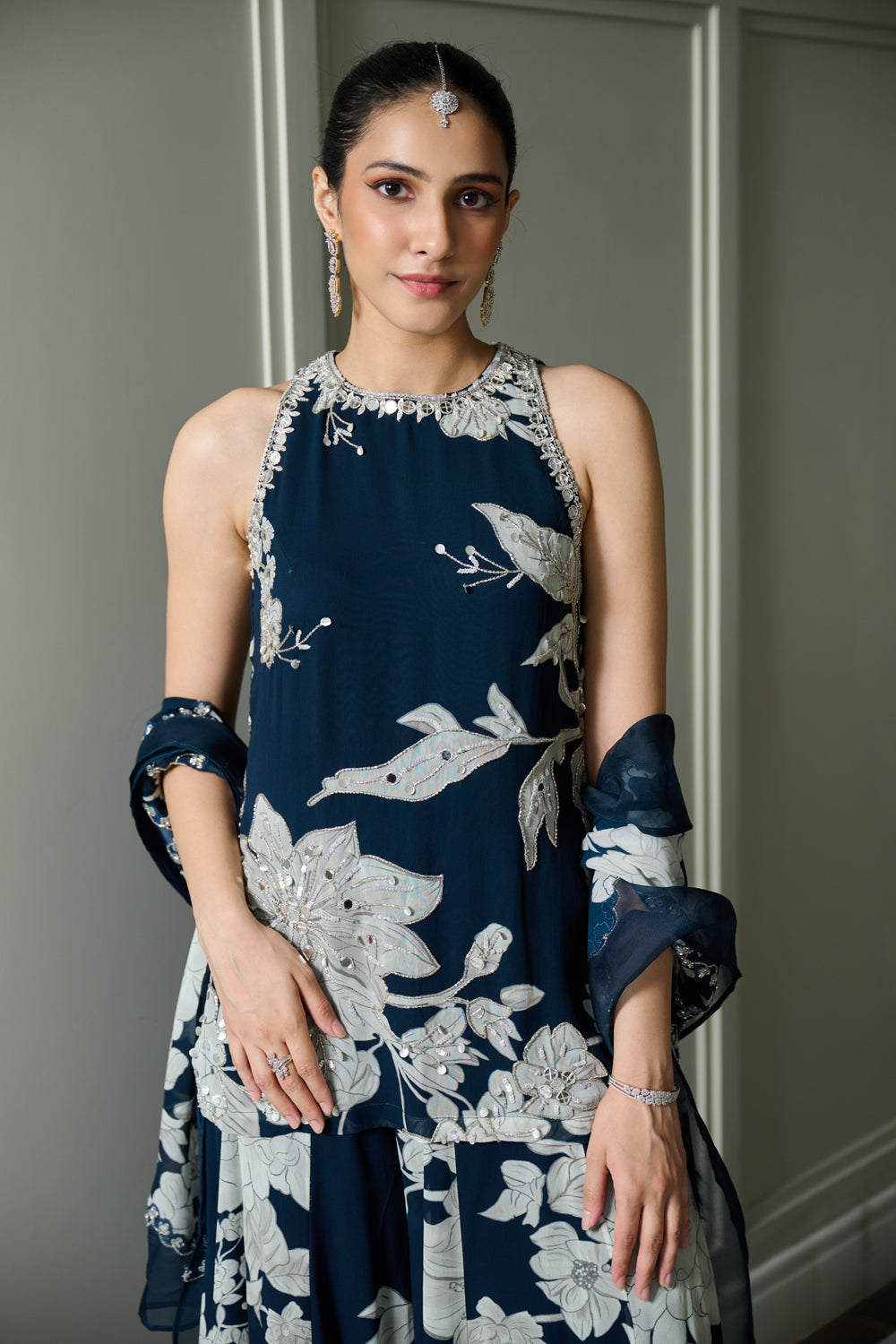 Blue Floral Print Halter Neck Kurta Sharara Set - MARKET