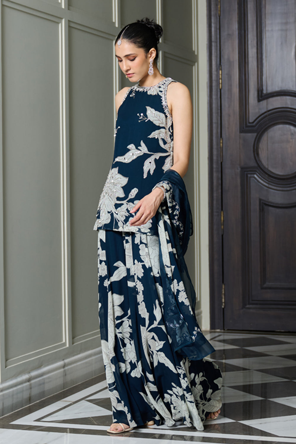 Blue Floral Print Halter Neck Kurta Sharara Set - MARKET