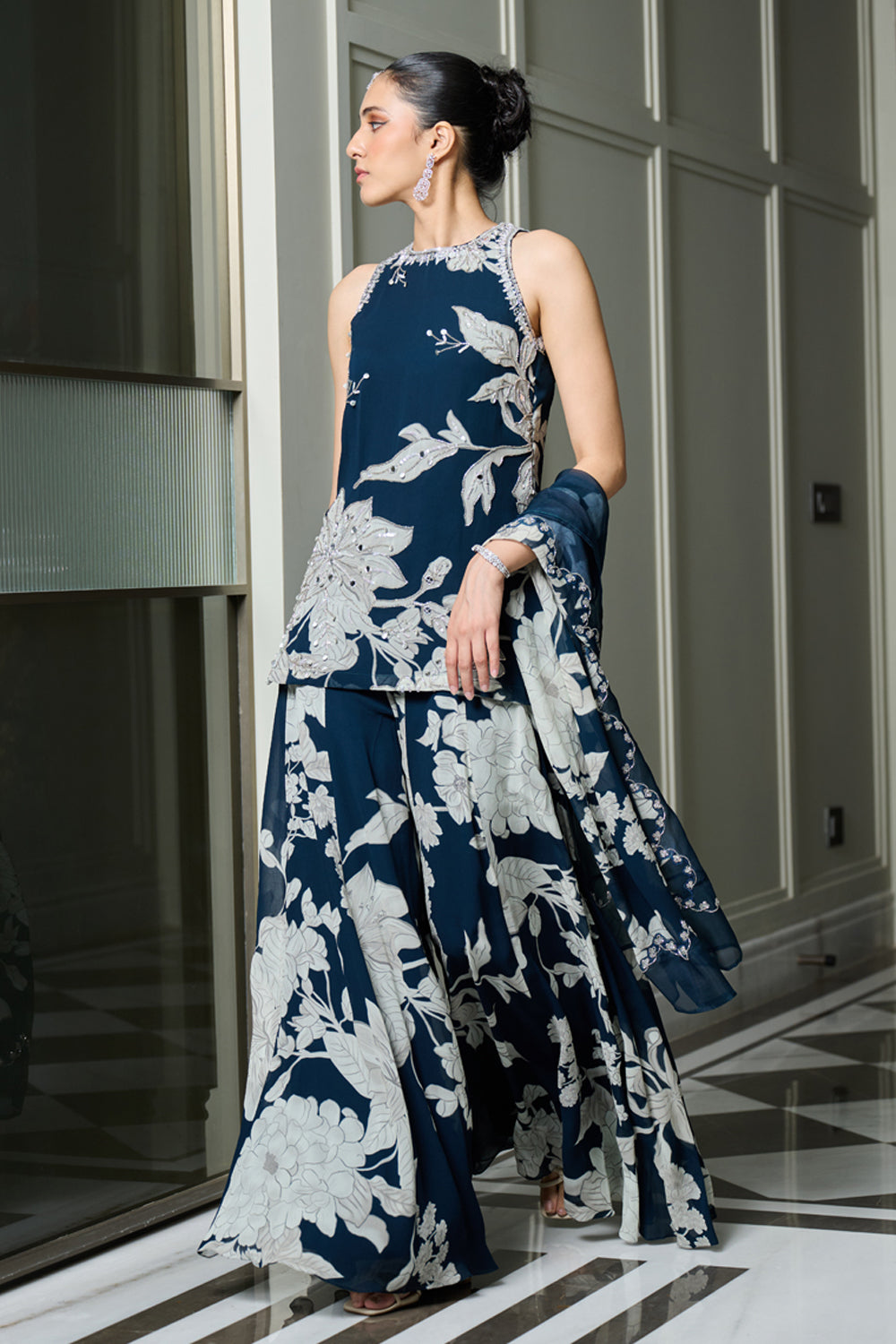 Blue Floral Print Halter Neck Kurta Sharara Set - MARKET