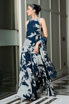 Blue Floral Print Halter Neck Kurta Sharara Set - MARKET