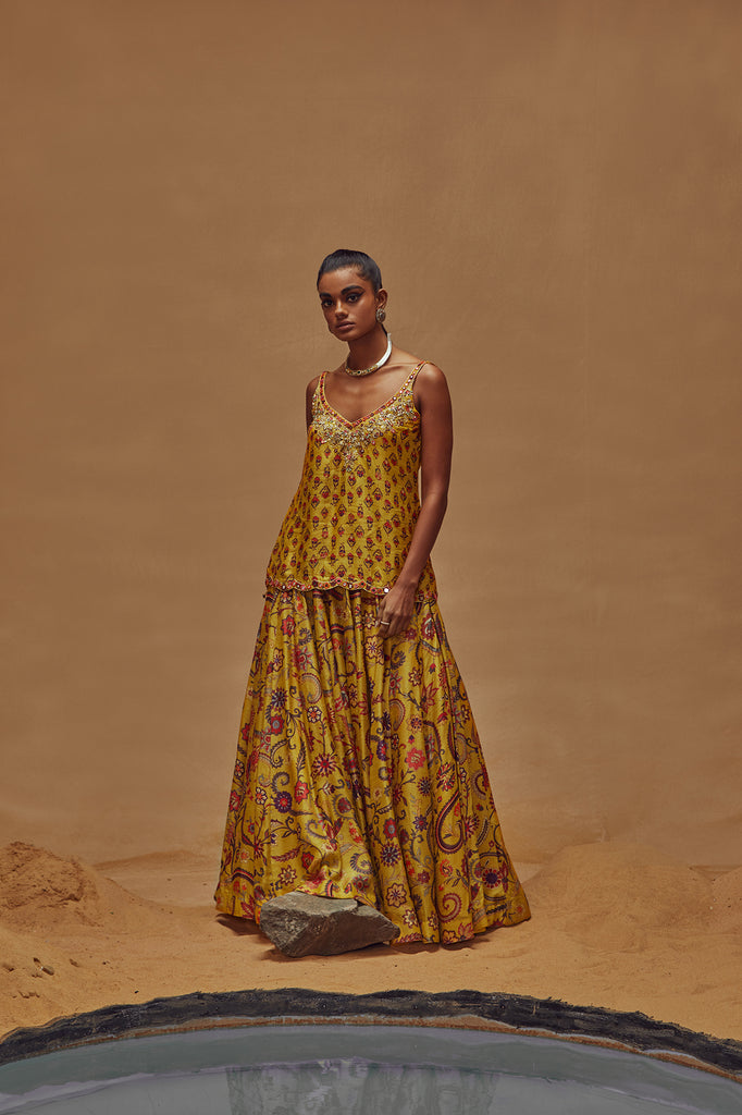 Yellow Floral Printed Kalidar Skirt Set - MARKET